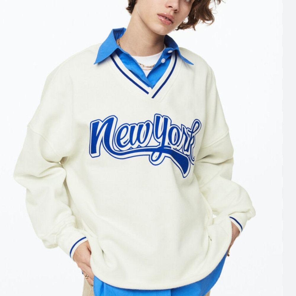 Cream and Blue New York Oversized V Neck Sweatshirt